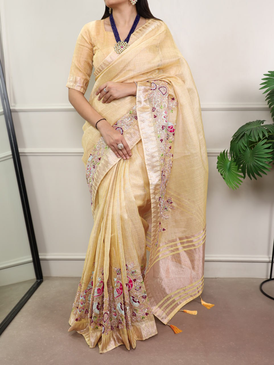 Pastel Yellow Zari Kota Tissue Embroidery Beads Zari Weaving Work With Saree