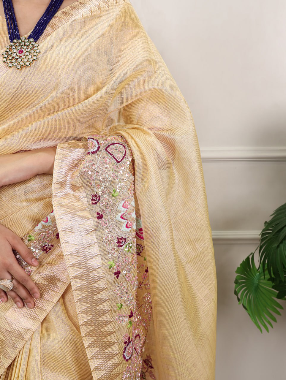 Pastel Yellow Zari Kota Tissue Embroidery Beads Zari Weaving Work With Saree