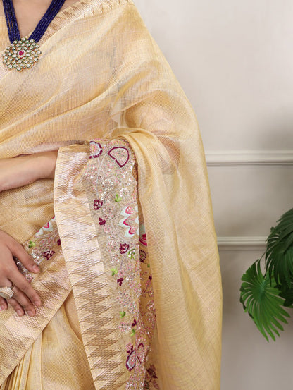 Pastel Yellow Zari Kota Tissue Embroidery Beads Zari Weaving Work With Saree