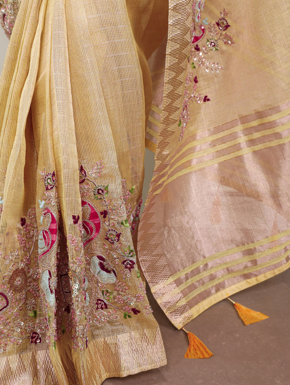 Pastel Yellow Zari Kota Tissue Embroidery Beads Zari Weaving Work With Saree