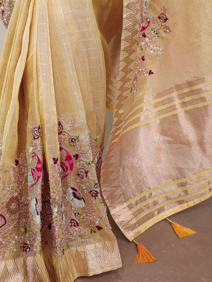 Pastel Yellow Zari Kota Tissue Embroidery Beads Zari Weaving Work With Saree