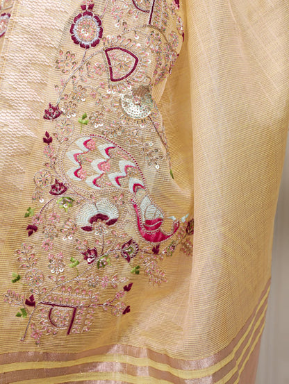 Pastel Yellow Zari Kota Tissue Embroidery Beads Zari Weaving Work With Saree