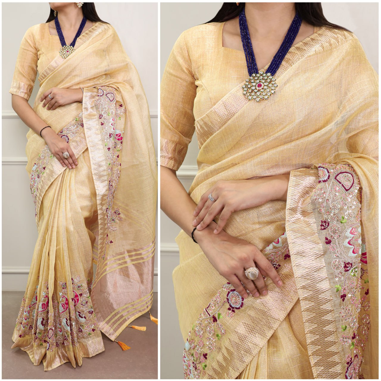 Pastel Yellow Zari Kota Tissue Embroidery Beads Zari Weaving Work With Saree