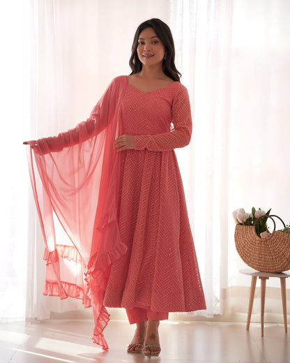 PEACH Premium Lucknowi Fox Georgette Anarkali Suit Set with Dupatta