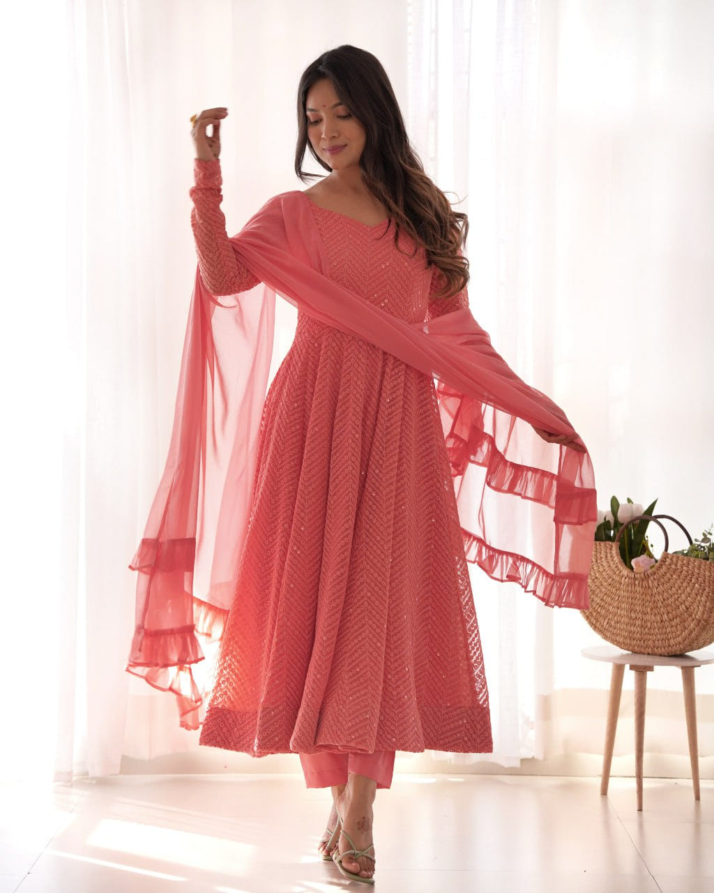 PEACH Premium Lucknowi Fox Georgette Anarkali Suit Set with Dupatta