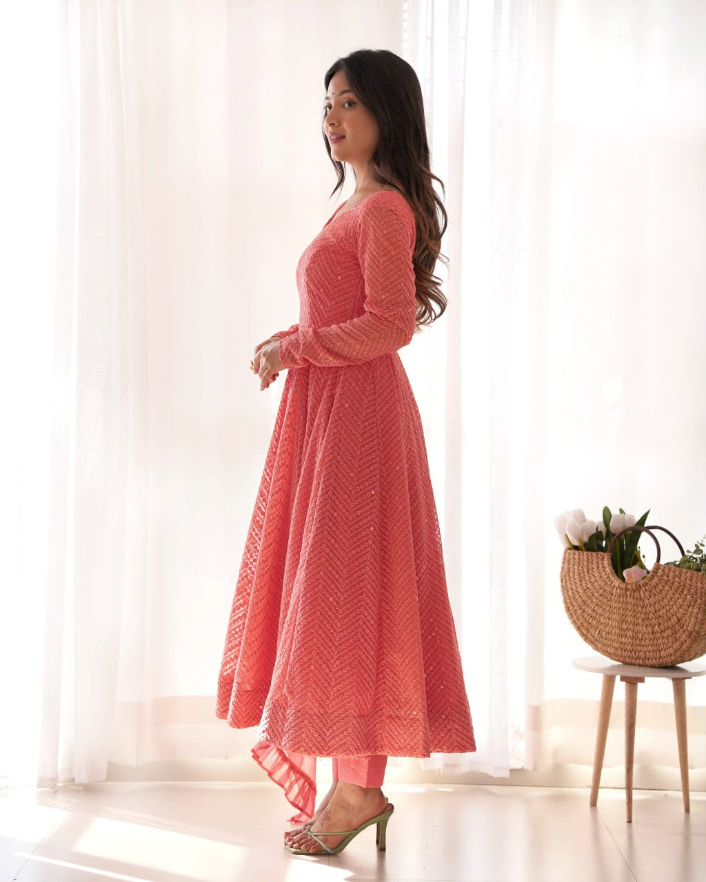 PEACH Premium Lucknowi Fox Georgette Anarkali Suit Set with Dupatta