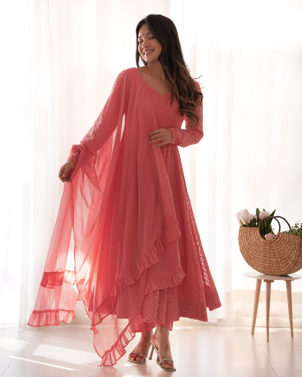 PEACH Premium Lucknowi Fox Georgette Anarkali Suit Set with Dupatta