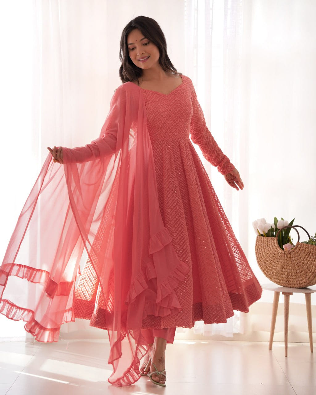 PEACH Premium Lucknowi Fox Georgette Anarkali Suit Set with Dupatta