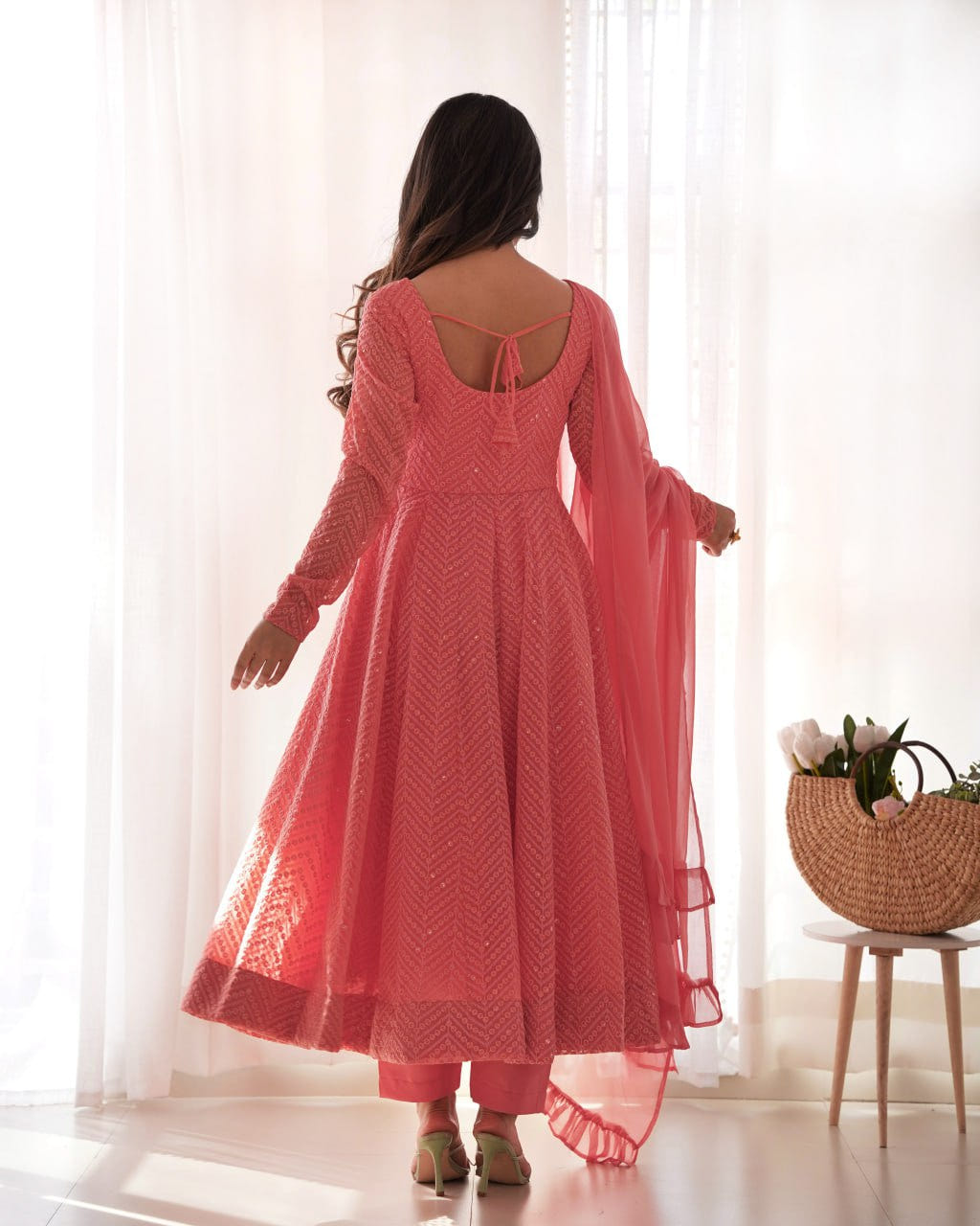 PEACH Premium Lucknowi Fox Georgette Anarkali Suit Set with Dupatta