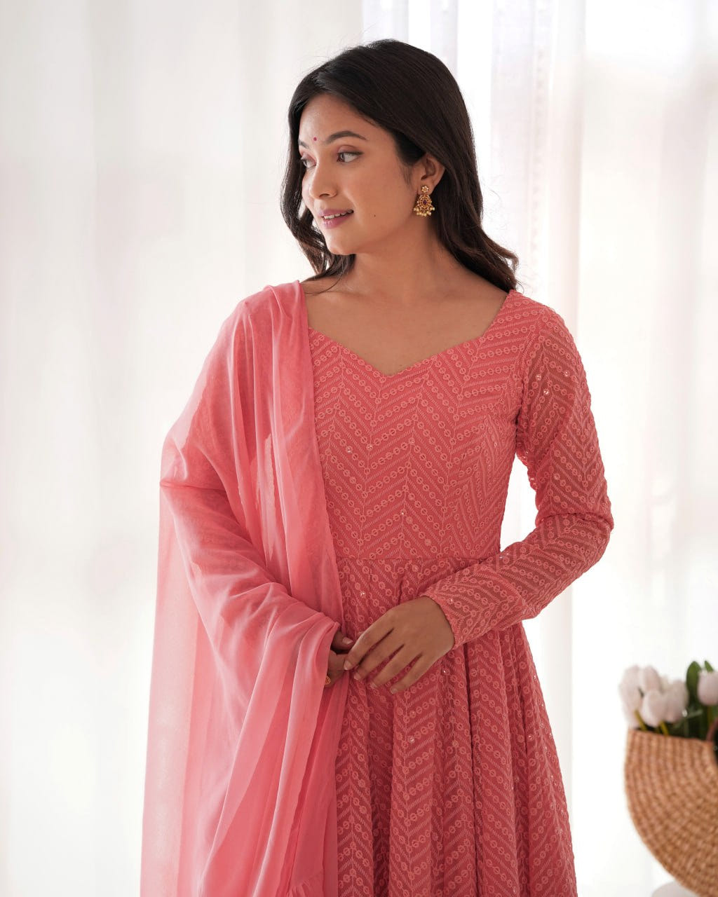 PEACH Premium Lucknowi Fox Georgette Anarkali Suit Set with Dupatta