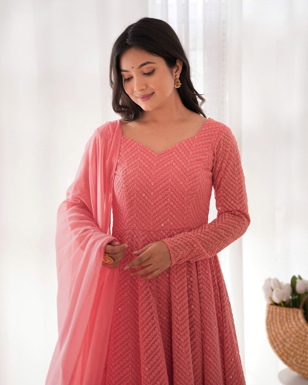 PEACH Premium Lucknowi Fox Georgette Anarkali Suit Set with Dupatta