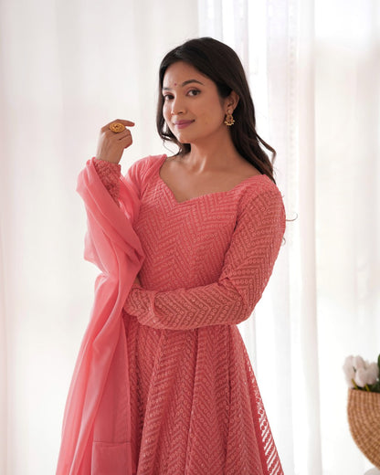 PEACH Premium Lucknowi Fox Georgette Anarkali Suit Set with Dupatta