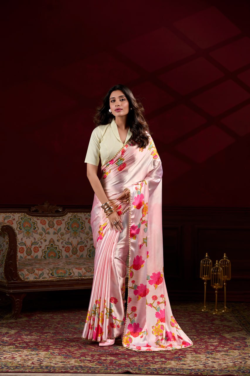 Peach Satin Silk Floral Printed Saree with Pearl Lace Border Blouse