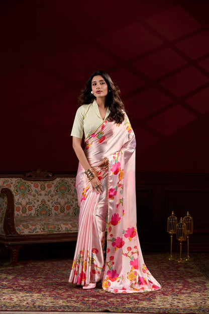Peach Satin Silk Floral Printed Saree with Pearl Lace Border Blouse