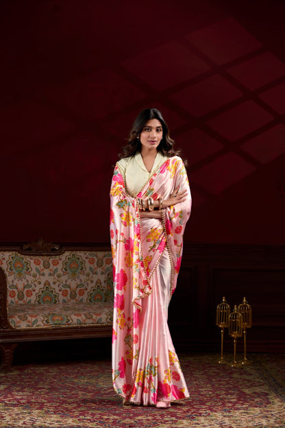 Peach Satin Silk Floral Printed Saree with Pearl Lace Border Blouse