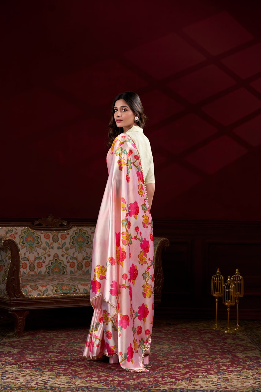 Peach Satin Silk Floral Printed Saree with Pearl Lace Border Blouse