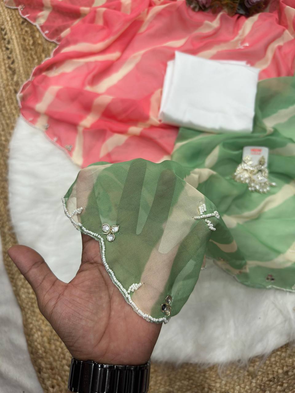 Pink And Green Tebi Silk Saree with Handworked Mirror & Moti Border