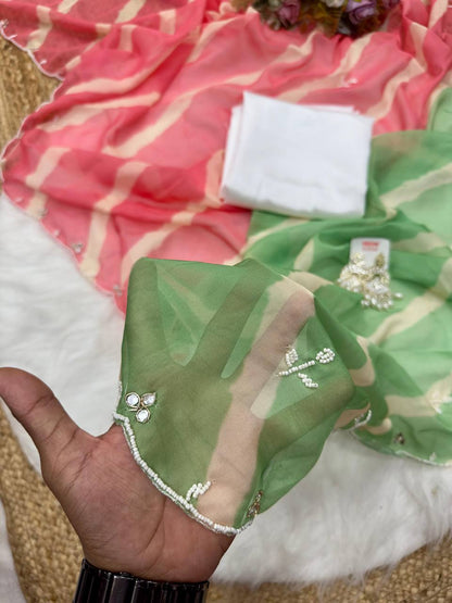 Pink And Green Tebi Silk Saree with Handworked Mirror & Moti Border