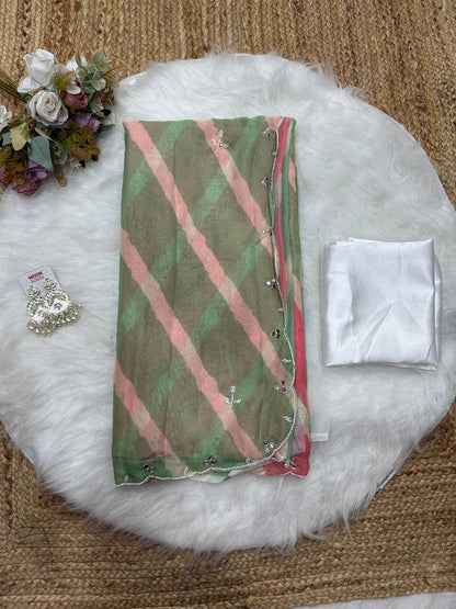 Pink And Green Tebi Silk Saree with Handworked Mirror & Moti Border