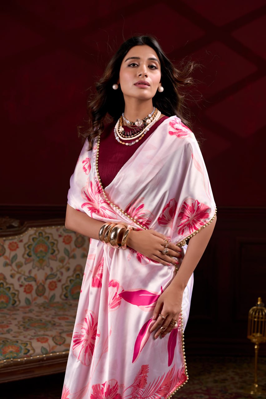 Pink Satin Silk Floral Printed Saree with Pearl Lace Border Blouse