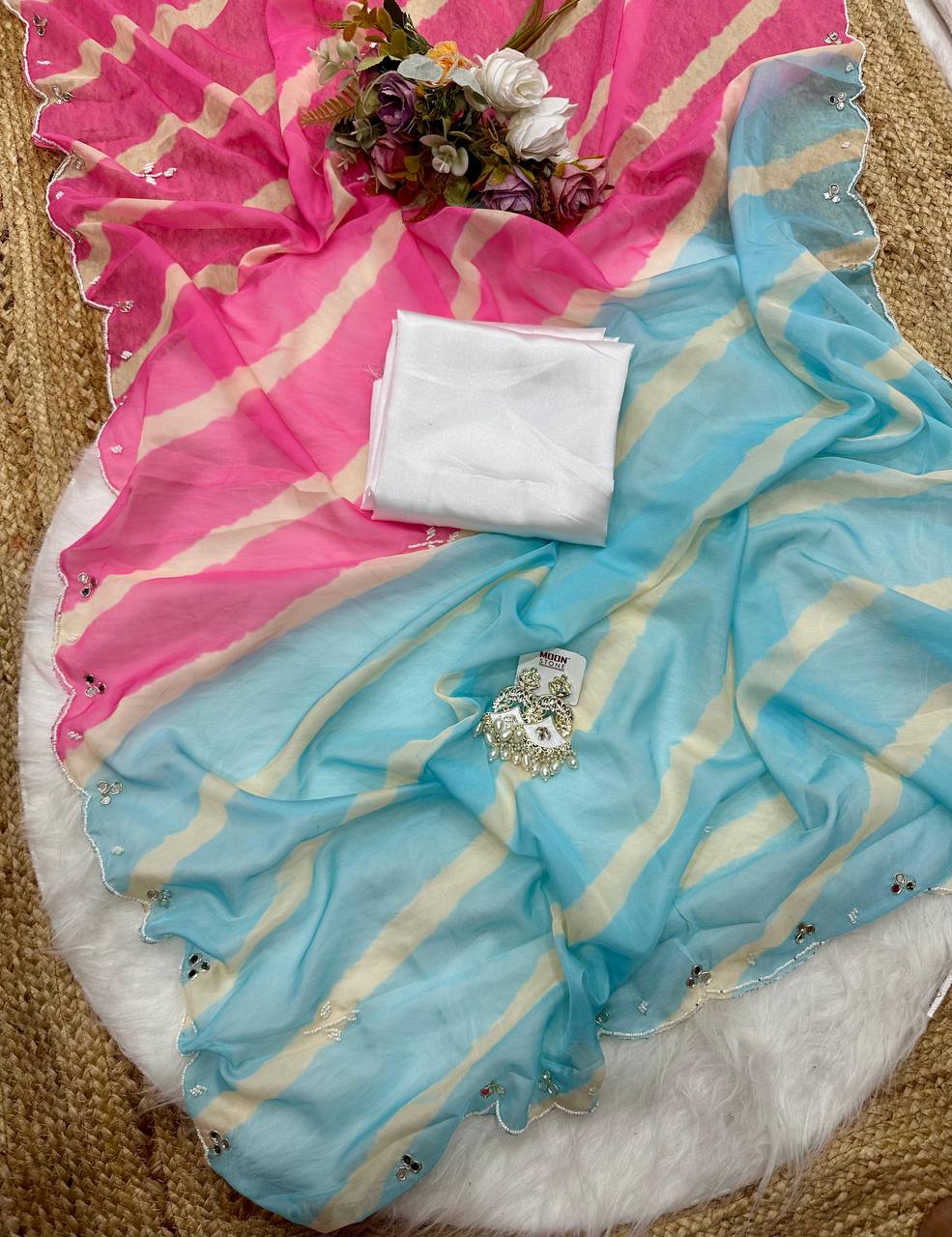 Pink And Blue Tebi Silk Saree with Handworked Mirror & Moti Border