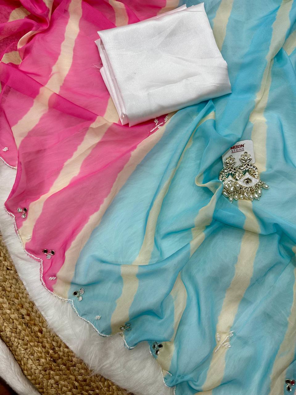 Pink And Blue Tebi Silk Saree with Handworked Mirror & Moti Border