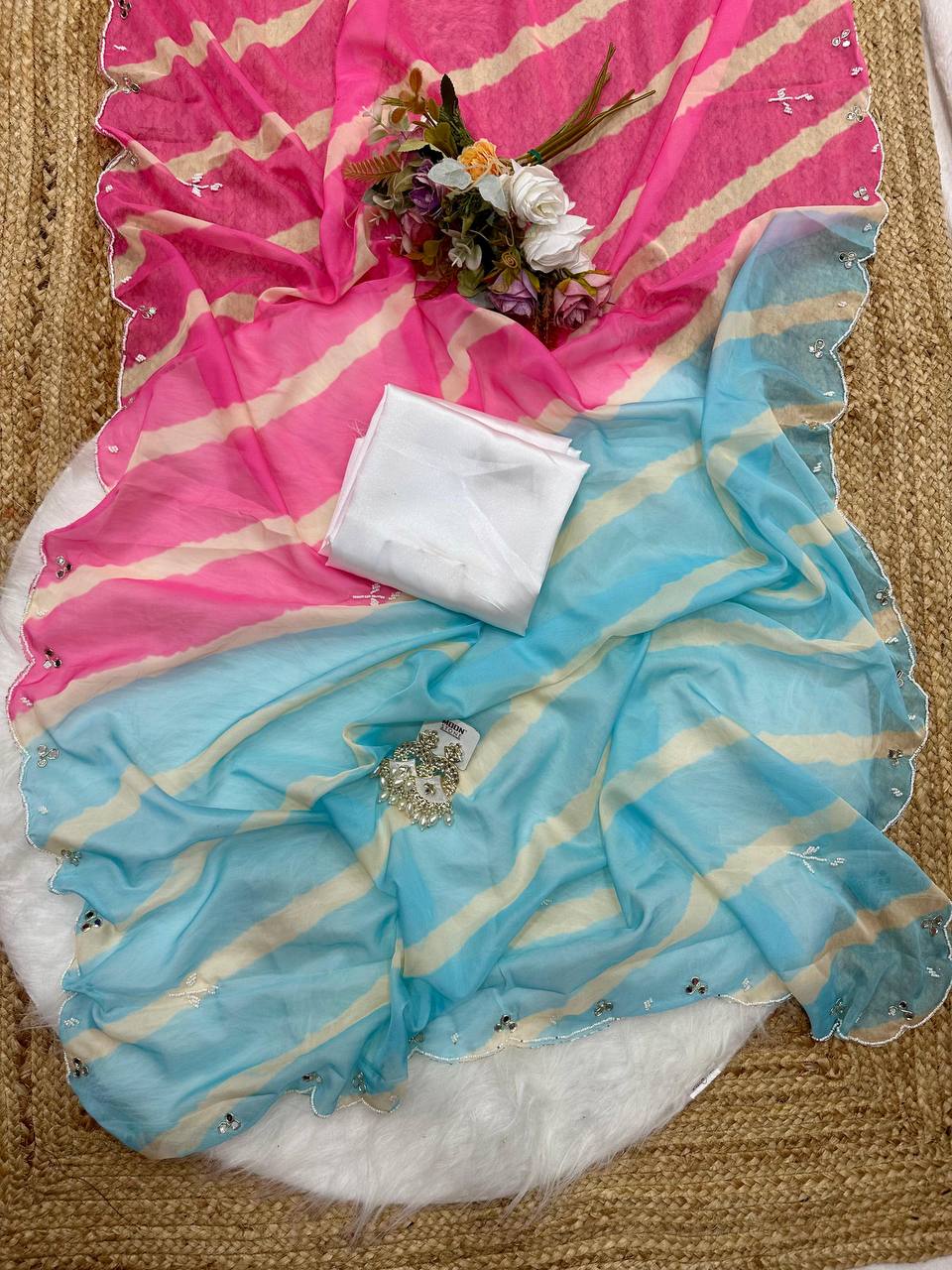 Pink And Blue Tebi Silk Saree with Handworked Mirror & Moti Border