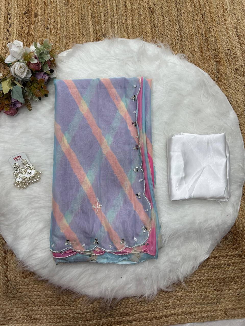 Pink And Blue Tebi Silk Saree with Handworked Mirror & Moti Border