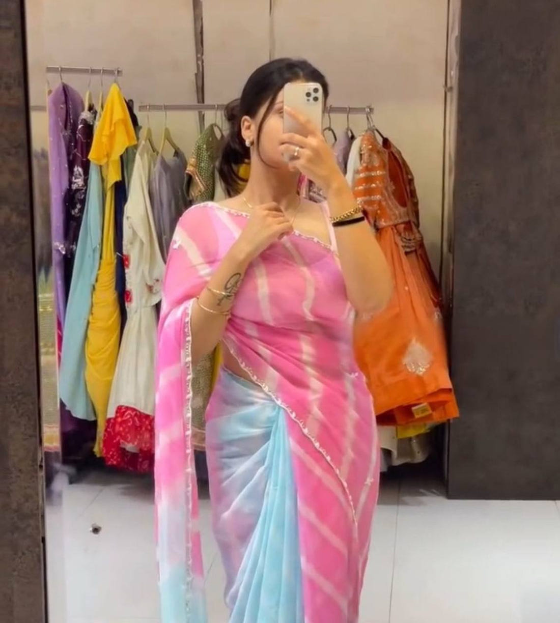 Pink And Blue Tebi Silk Saree with Handworked Mirror & Moti Border