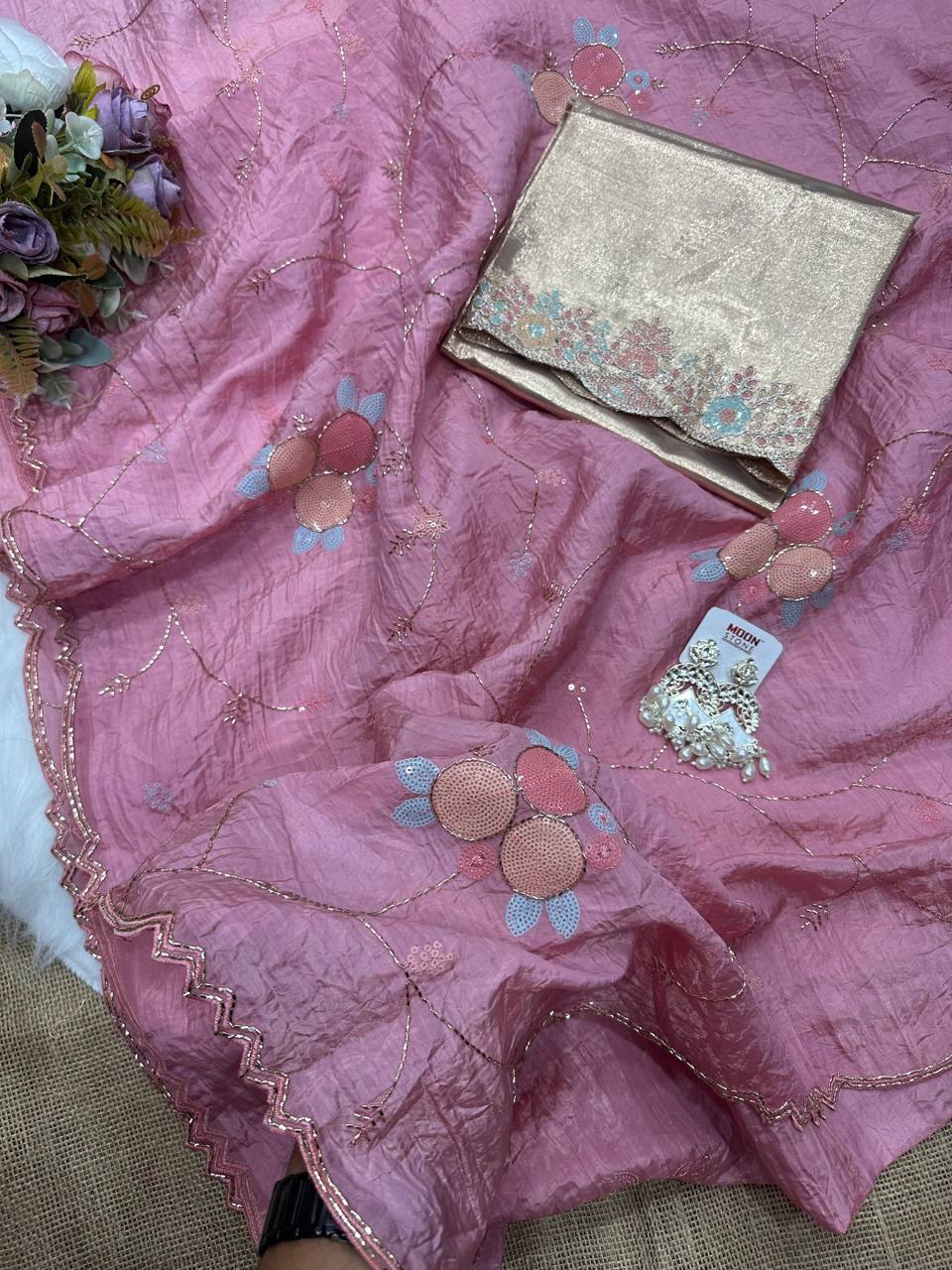 Pink Crush Saree with Round Sequin Embroidery and Zari Brocade Blouse