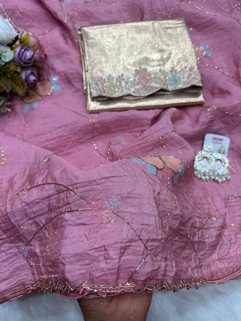 Pink Crush Saree with Round Sequin Embroidery and Zari Brocade Blouse