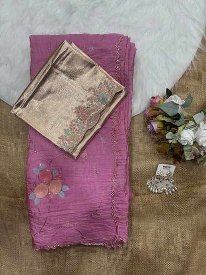 Pink Crush Saree with Round Sequin Embroidery and Zari Brocade Blouse
