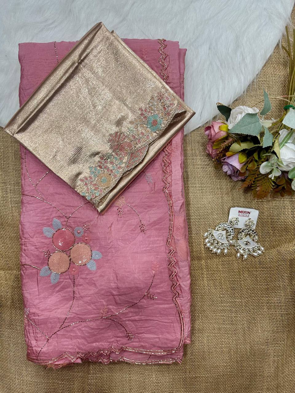 Pink Crush Saree with Round Sequin Embroidery and Zari Brocade Blouse