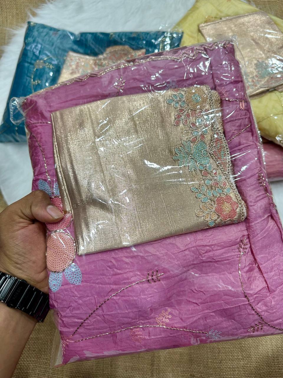 Pink Crush Saree with Round Sequin Embroidery and Zari Brocade Blouse