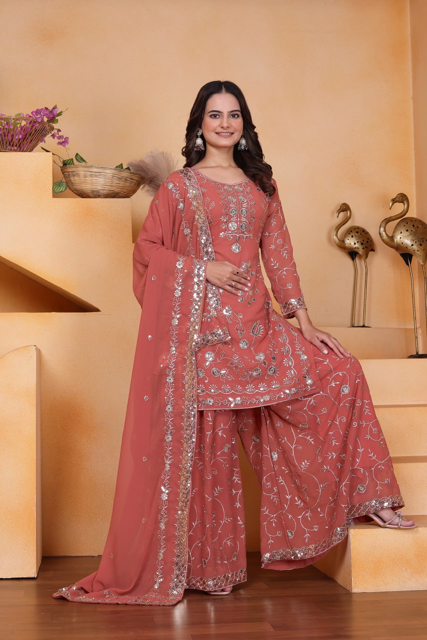 Pink Designer Fox Georgette Sequins Embroidered Sharara Suit