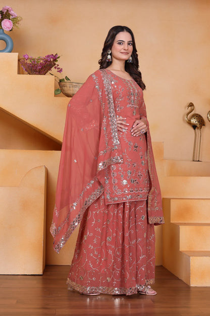 Pink Designer Fox Georgette Sequins Embroidered Sharara Suit