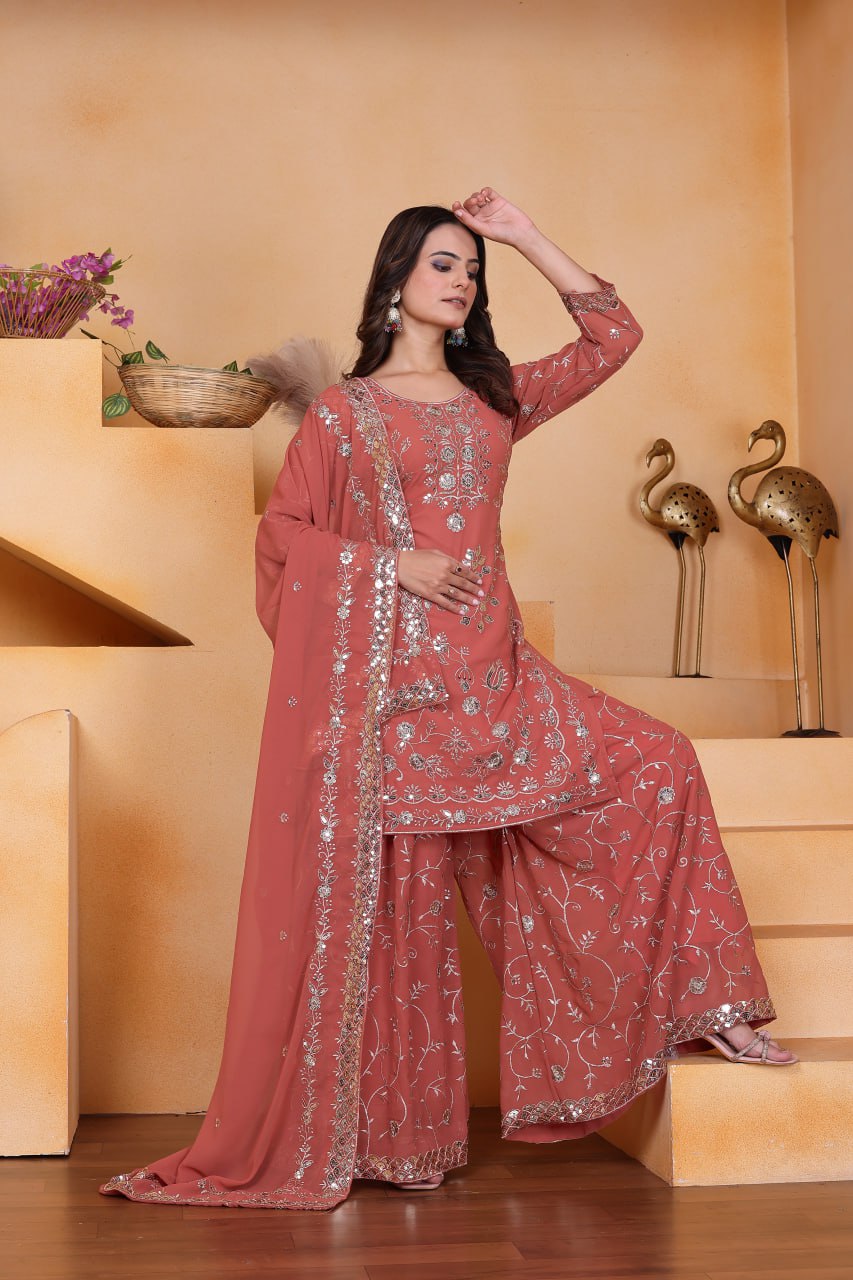Pink Designer Fox Georgette Sequins Embroidered Sharara Suit