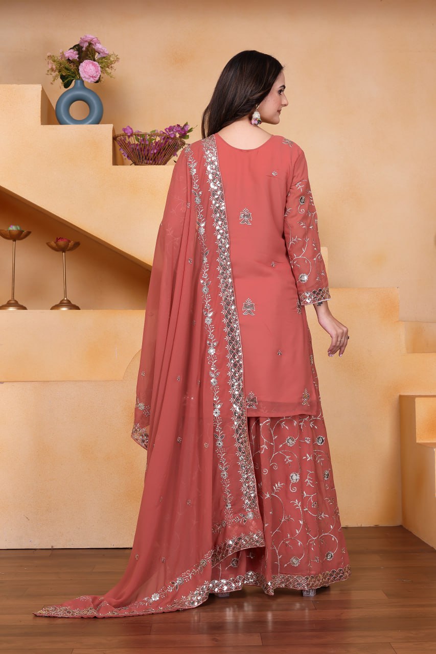Pink Designer Fox Georgette Sequins Embroidered Sharara Suit