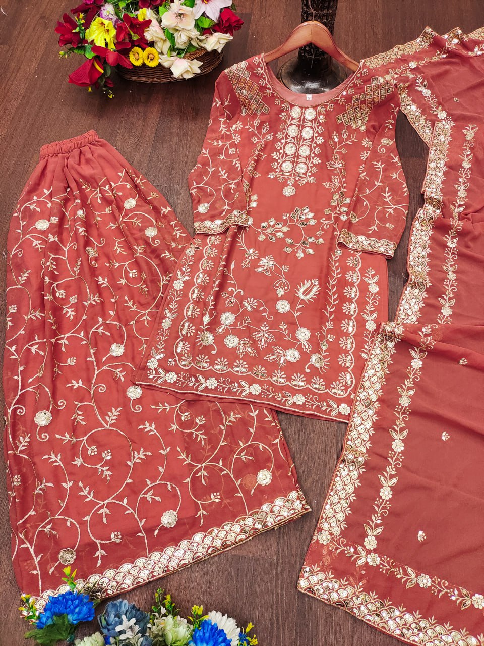 Pink Designer Fox Georgette Sequins Embroidered Sharara Suit