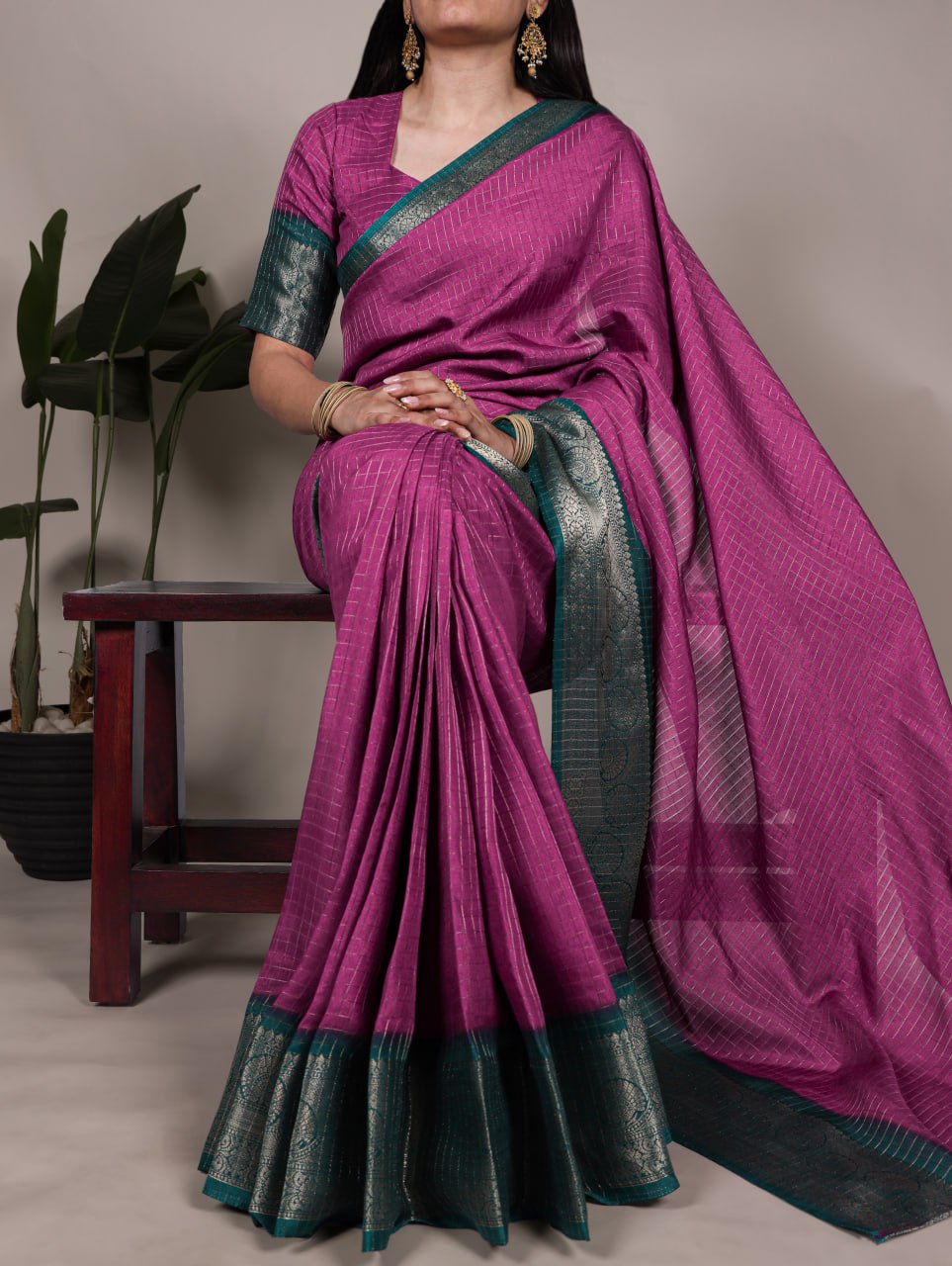 Rani Pink Elegant Dola Chex Zari Weaving Saree with Matching Blouse