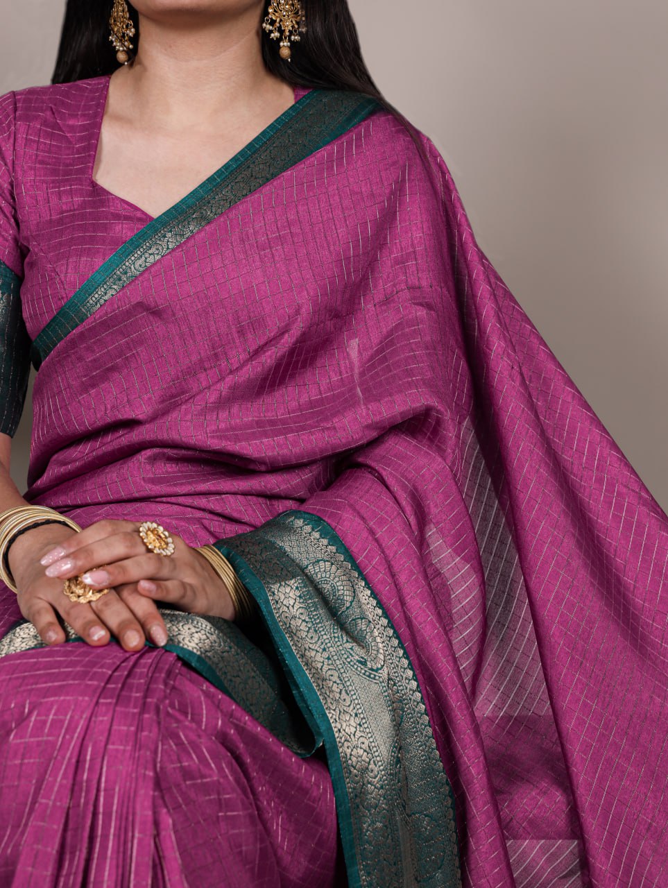 Rani Pink Elegant Dola Chex Zari Weaving Saree with Matching Blouse