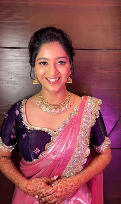 Pink Jimmy Choo Satin Designer Saree witha Dark Purple Embroidered Blouse