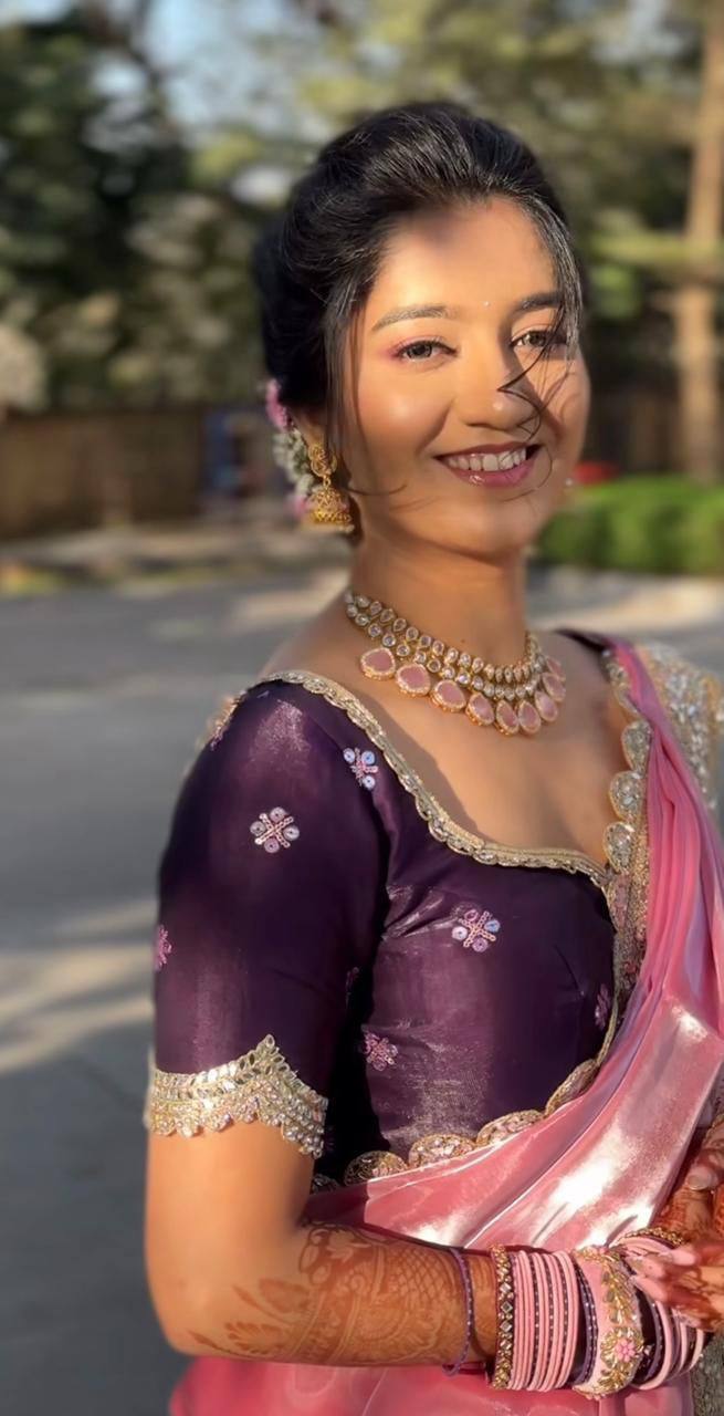 Pink Jimmy Choo Satin Designer Saree witha Dark Purple Embroidered Blouse