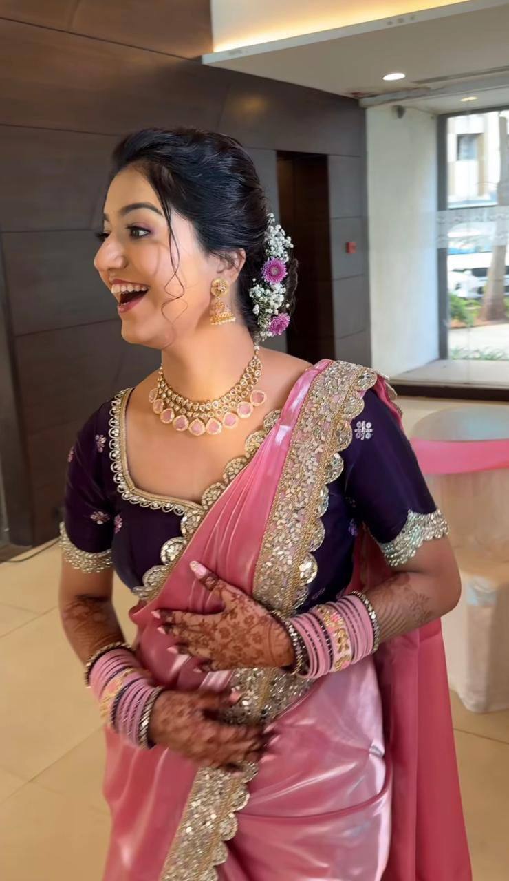 Pink Jimmy Choo Satin Designer Saree witha Dark Purple Embroidered Blouse