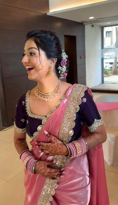 Pink Jimmy Choo Satin Designer Saree witha Dark Purple Embroidered Blouse