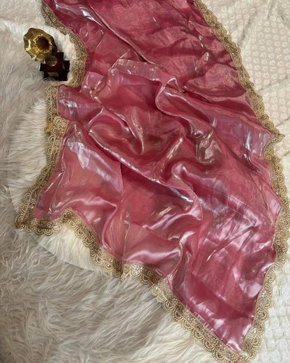 Pink Jimmy Choo Satin Designer Saree witha Dark Purple Embroidered Blouse