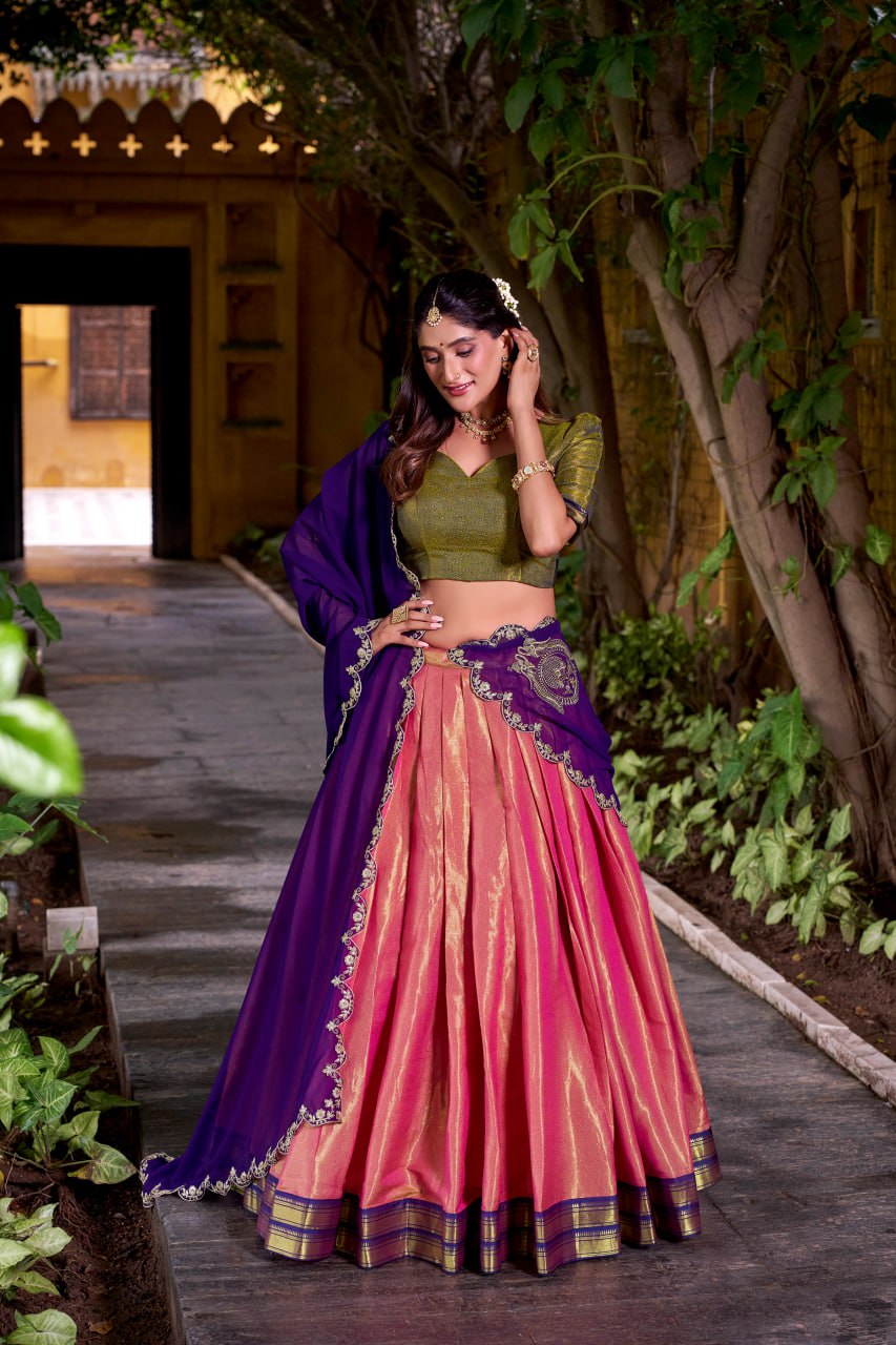 Pink Kanchipuram Zari Weaving Royal Festive Lehenga Choli