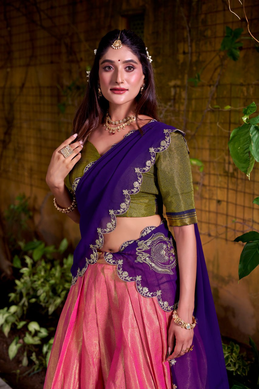 Pink Kanchipuram Zari Weaving Royal Festive Lehenga Choli