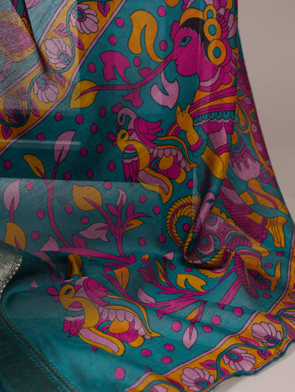 Pink Polyester Viscose Chanderi Floral Printed Saree With Green Blouse