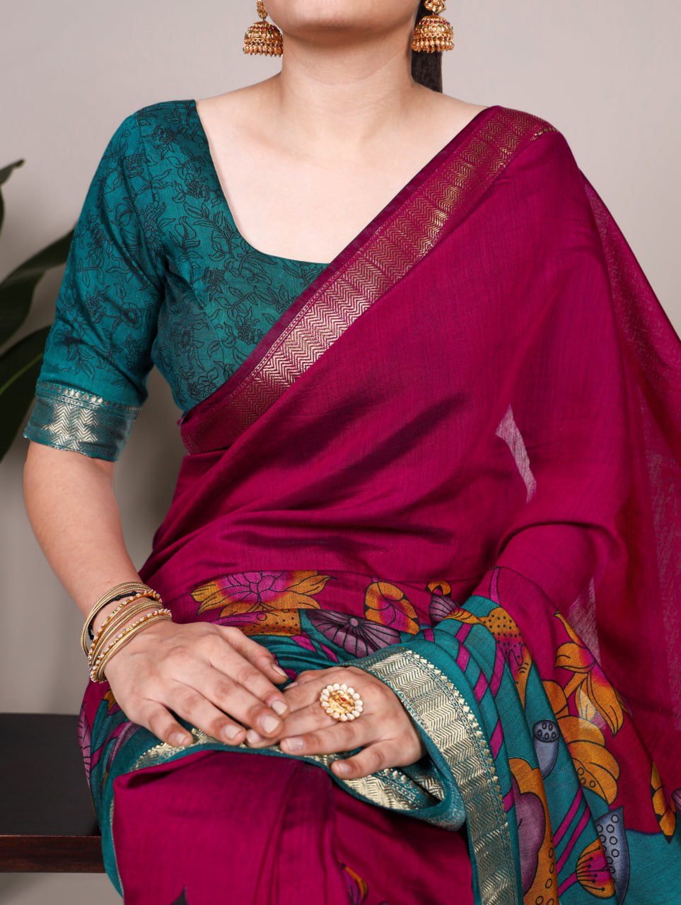 Pink Polyester Viscose Chanderi Floral Printed Saree With Green Blouse